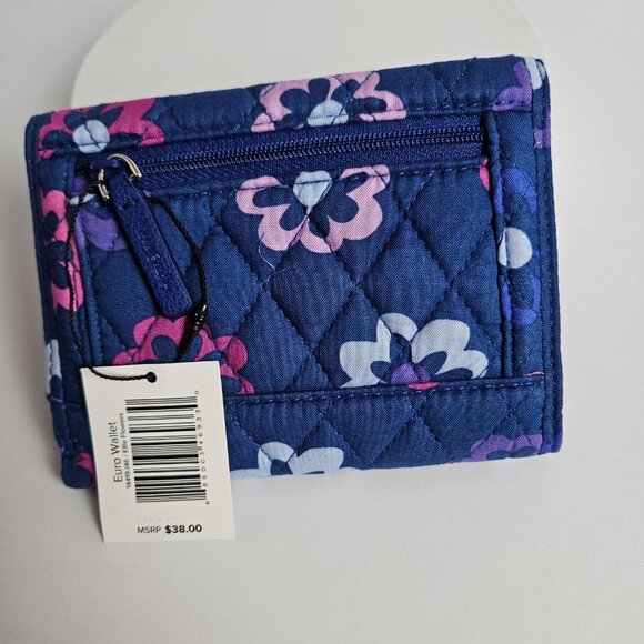 NWT Vera Bradley Euro Wallet Blue Ellie Flowers 14419-I46 Tri-Fold - Picture 2 of 15
